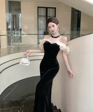【2色】 ロングドレス キャバドレス セクシー ベロア マーメイドドレス ビジュー 仕上げ ウエストシェイプ シルエット 二次会 パーティー 披露宴 上品 LW2-OYF8731