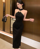 ロングドレス 中華風ヴィンテージスパンコール刺繍ハイネックスリットパーティー用エレガントワンピースHMZ2-DDFZC5003