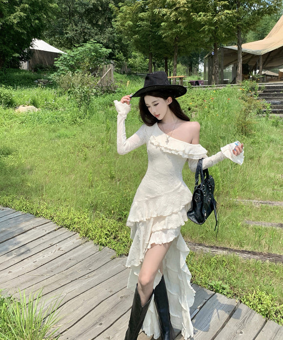 ロングドレス キャバドレス フレンチ風 アシンメトリー ワンショルダー 長袖 タイトワンピース ミディ丈 シルエット LW2-CD3-141-5750790