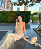 【2点セット】 ロングドレス キャバドレス セクシー アシンメトリー ホルターネック トップス×マーメイドスカート セットアップ エレガントスタイル LW2-XHY918259