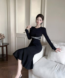 膝丈ドレス キャバドレス セクシー フェミニン ニットワンピース ラウンドネック ウエストマーク マーメイドライン 大人可愛い  デート LW2-ZED885053GT510D