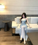 ロングドレスレースキャミワンピ谷間見せセクシー取り外し可能なチュールスカートおしゃれ宴会パーティーフラワー高級感気質 WQ2-XKD-D452-1063-Apr9