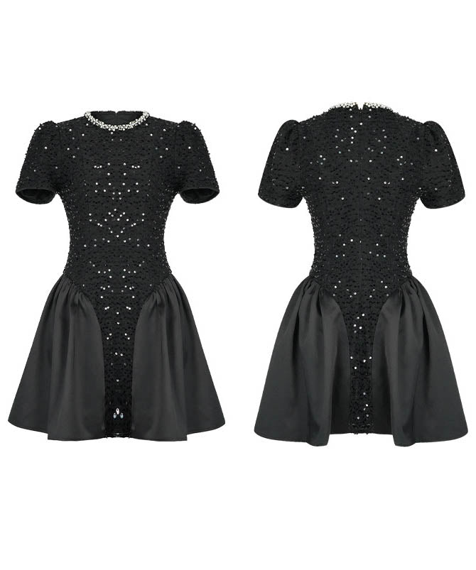 手作りドレスミニドレスキラキラ高級感Aラインパフスリーブ誕生日ドレスセレブ風着痩せ気質 WQ2-JY21695