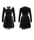 Lady's coco 膝丈ドレス キャバドレス セクシー  ベロアドレス パール付き クルーネック リボンデザイン ウエストマーク 長袖 フレアワンピース 上品デザイン デート 女子会 パーティー お呼ばれ 二次会 LW2-JY45408