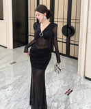 Lady's coco ロングドレス キャバドレス セクシー ストーン 深Vネック シースルー タイト マーメイドワンピース LW2-OYF8722