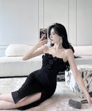 膝丈ドレスキャバドレスベアトップフラワーセクシーエレガント気質ナイトクラブキャバクラ谷間見せ WQ2-DD4819