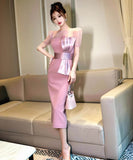 手作りドレス膝丈ドレス高級感エレガントリボン非対称チュールサテンドレスおしゃれ着痩せ気質 WQ7-JY50821