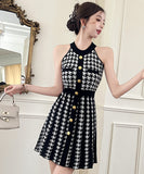 【2色】ミニドレス オードリー風 ホルターネック ニット エレガント Ａライン ウェストシェイプ 痩せ見え デート パーティー JC2-MLS8378