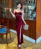 Lady's coco ロングドレス キャバドレス  セクシー ベロア キャミワンピース スリット入り 上品セクシー ハイウエスト ドレス  結婚式 二次会 披露宴 パーティー 上品 LW2-DD5946