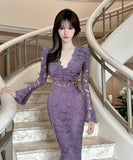 【3色】ロングドレス キャバドレス セクシー Vネック レース切り替え タイトワンピース ベルト付き 上品 シルエット LW2-DD6011