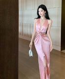 ロングドレスホルターネック谷間見せセクシーフラワーバックレスドレスナイトクラブパーティー誕生日ドレス WQ2-DD4825