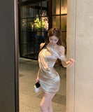 ミニドレスキャバドレスワンーショルダーセクシーパーティードレスナイトクラブ高級感女子力同伴着痩せ気質 WQ2-XKD-D308-6939-Mar7