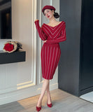 【5色】膝丈ドレス キャバドレス 上品Vネック 配色 ニットワンピース エレガント 大人可愛い ツイード風 長袖 JC2-DD5603