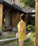 ミニドレスキャバドレスワンーショルダーセクシーイエロードレスチュールセクシー宴会パーティーナイトクラブ WQ2-MXX728