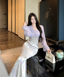 ロングドレス高級感袖付きマーメイドドレス着痩せ気質宴会パーティーセレブ風ハイウエストセクシーパープル WQ2-XKD-D337B-3437-May2