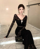 Lady's coco ロングドレス キャバドレス セクシー レースタイトドレス Vネック 上品 シルエット 二次会 披露宴 パーティー 女子会 LW2-OYF8726