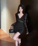 【2色】ミニドレス キャバドレス セクシー ロングスリーブ レース拼接け ナイトクラブ ボディコン 指名 JC2-DD5422