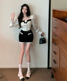 【2点セット】ミニドレス セクシー ツバキモチーフ シャネル風デザイントップス × ベルベットタイトスカートセットアップ 上品フィット＆美シルエット 女子会 デート JC2-XKDD426-7120-7121-Sep18