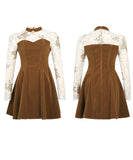 Lady's coco ミニドレス キャバドレス セクシー 上品ベロアワンピース レース切替 バイカラー 長袖 ウエストマーク Aラインシルエット LW2-JY21922