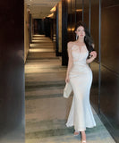 ロングドレス セクシー ホワイトサテン ホルターネック マーメイドロングドレス エレガント 結婚式のお呼ばれ パーティー JC2-XKDD200-0615A-Sep3