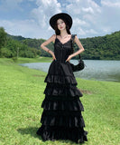 ロングドレス フレンチフェミニン エレガント レース切替 Vネック キャミワンピ ウエストシェイプ ティアードフレア 上品 大人可愛い デート お出かけ 結婚式 JC2-CD3-141-5510900