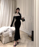 ロングドレス キャバドレス マーメイドドレス ニット 大人可愛い 上品 女性らしい モノクローム 拼接レース パーティー 二次会 JC2-XKDD337B-2016-Aug25