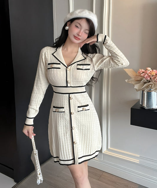 【2色】ミニドレス キャバドレス ツイード風 ニット 長袖 着痩せ バイカラー エレガント 小柄向け デート 女子会 JC2-DD5603