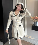 【2色】ミニドレス キャバドレス ツイード風 ニット 長袖 着痩せ バイカラー エレガント 小柄向け デート 女子会 JC2-DD5603