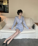 ミニドレス 長袖ブルーシャツワンピース アシンメトリータック ショート丈 秋コーデ 通勤・お出かけ用 デート 上品デザイン  JC2-DD5574