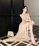 ロングドレス キャバドレス セクシー 名媛風 ホルターネック レース切り替え ドレープネック バックレス リボンタイ タイトシルエット キラキラ パーティー JC2-CD3-245-90660680