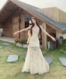 ロングドレス リゾートウェア 着痩せシルエット ホルターネック レース拼接 立体フラワープリント JC2-CD7-323-80900850