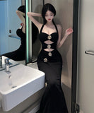 ロングドレス セクシー ホルターネック オフショルダー ローズモチーフ カットアウト 着痩せ パーティー JC2-DD5523