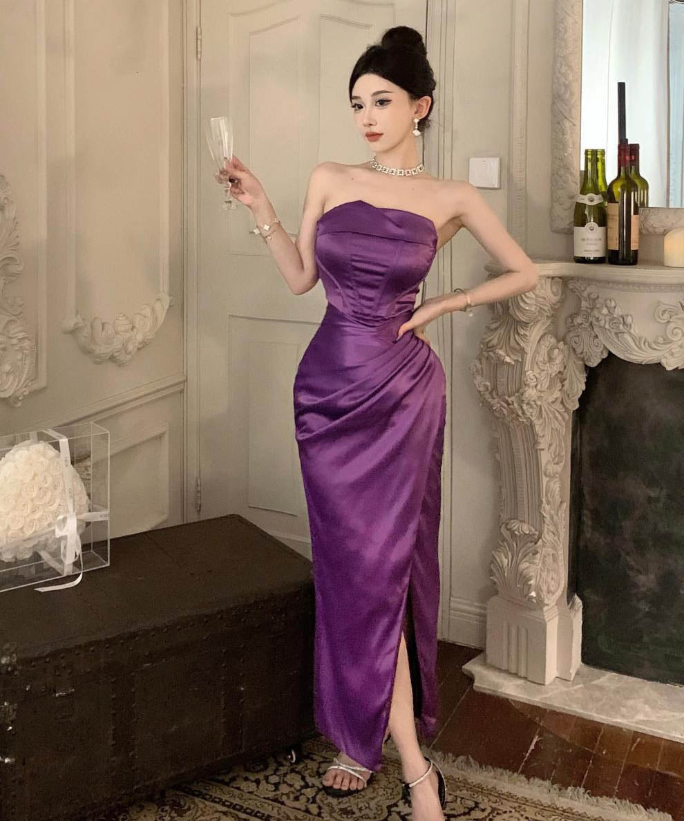 ロングドレスベアトップセクシー宴会パーティードレスサテンドレス気質