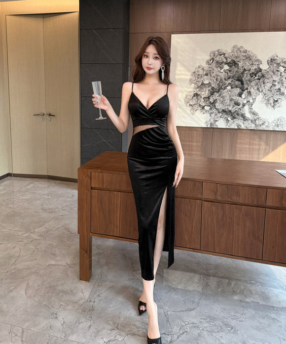 【2色】ロングドレス キャバドレス セクシー  ベロア  タイト ロング丈 パーティー LW2-DD5842