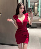 【4色】ミニドレス キャバドレス ワンピース セクシー Vネック谷間見せ フリル袖 着痩せ パーティー ドレス KS2-DD3009