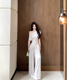 上下セットワイドパンツサテン高級感ワンショルダーセクシーエレガント通勤大人可愛い気質 WQ2-XKD-D529-6892-May10