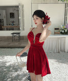 【2色】 ミニドレス キャバドレス セクシー 谷間魅せ Vネック ベルベット タイトキャミワンピース ウエストマーク パーティー 指名 LW2-DD5932