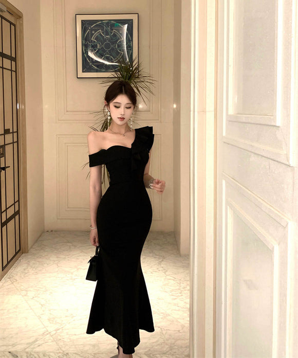 ロングドレスマーメイドドレスフリルワンショルダーセクシーエレガント宴会パーティータイトドレス WQ2-DD4816