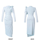 Lady's coco ロングドレス キャバドレス セクシー ブルーチェック タイトワンピース デザインリボン スリット入り 上品 スタイル 二次会 披露宴 上品  LW2-JY56009