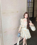 ミニドレスキャバドレスチュール袖付きエレガント通勤気質同伴Vネック小顔花柄パフスリーブ WQ2-XKD-D355-5088-Apr6