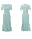 ロングドレス手作りドレス高級感レースチュールマーメイドドレスVネック小顔着痩せ気質宴会パーティー二次会高級感 WQ2-JY21099