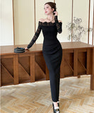 Lady's coco ロングドレス キャバドレス セクシー　オフショルダー レース切り替え セクシー スリムフィット エレガントドレス 結婚式 二次会 披露宴 パーティー 上品 LW2-DD5922