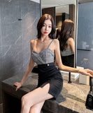 Lady's coco ミニドレス キャバドレス セクシー タイトミニワンピース Vネック スリット入り バイカラーデザイン 背中開き ボディコン デート 指名 クラブ LW2-YM8889