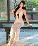 ロングドレスレースホルターネック谷間見せセクシーリボンマーメイドドレスバックレスドレスパーティー WQ2-XKD6-143-71660580