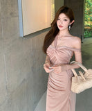 Lady's coco 膝丈ドレス キャバドレス セクシー アシンメトリー セクシー ねじりデザイン ピンク オフショルダー ベアトップ タイトワンピース ウエストマーク LW2-CD5-109-85060480