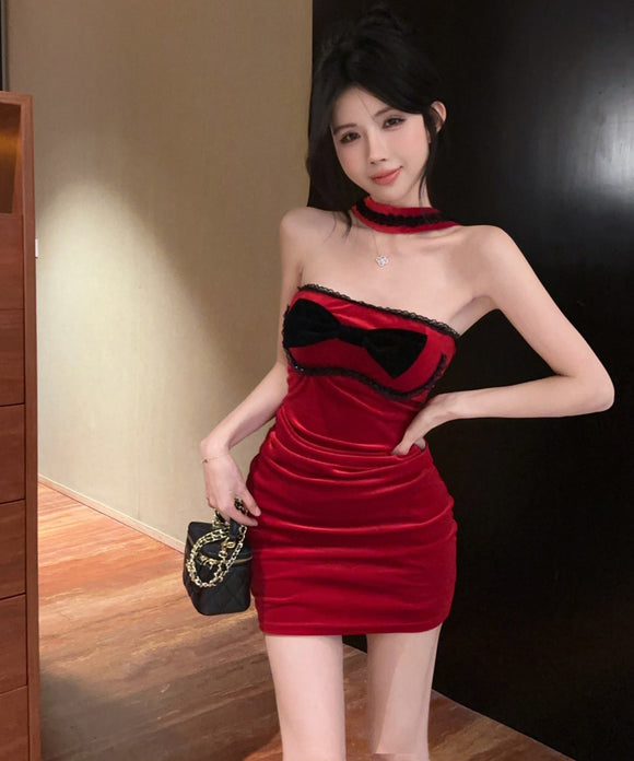 Lady's coco ミニドレス キャバドレス セクシー ベロア チューブトップ キャミワンピース ホルターネック リボン付き タイト LW2-OYF2661