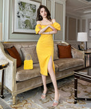 手作り 膝丈ドレス 高品質 かわいい セレブ風 おしゃれ パフ袖 YH2-JY20528