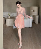 【2色】手作り 膝丈ドレス スイート Ｖネック セレブ風 かわいい キラキラ YH2-JY70250