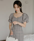 ミニドレス キャバドレス かわいい チェック 着痩せ おしゃれ パフ袖 YH2-ZED882568BH506