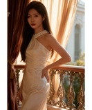 膝丈ドレス キャバドレス セクシー ギャザー ハンドメイド ノースリーブ サテン ホルターネック パール装飾 エレガント パーティー 女子会 JC2-HX250924